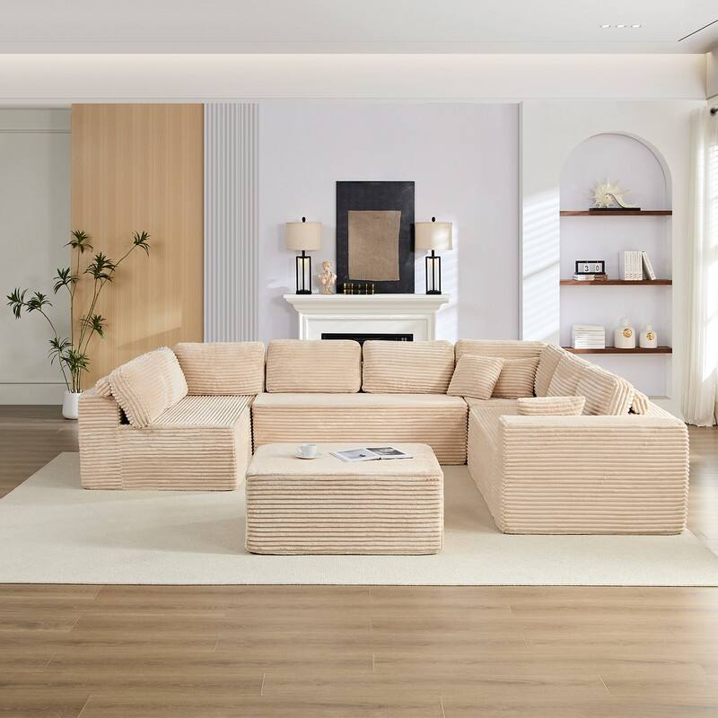 Corduroy 141'' Deep Seat Modular Sectional Sofa, Modern 8-Seater U-Shape Sofa Couch with Moveable Ottoman