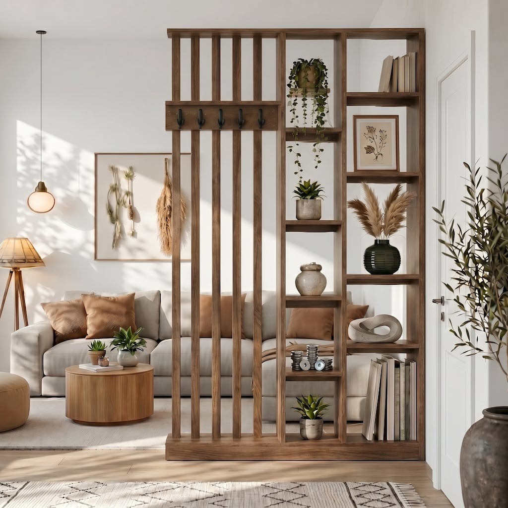 71 Inch Wall Room Divider with Storage Shelves and Coat Hooks - 39.37" L x 11.81" W x 70.87" H