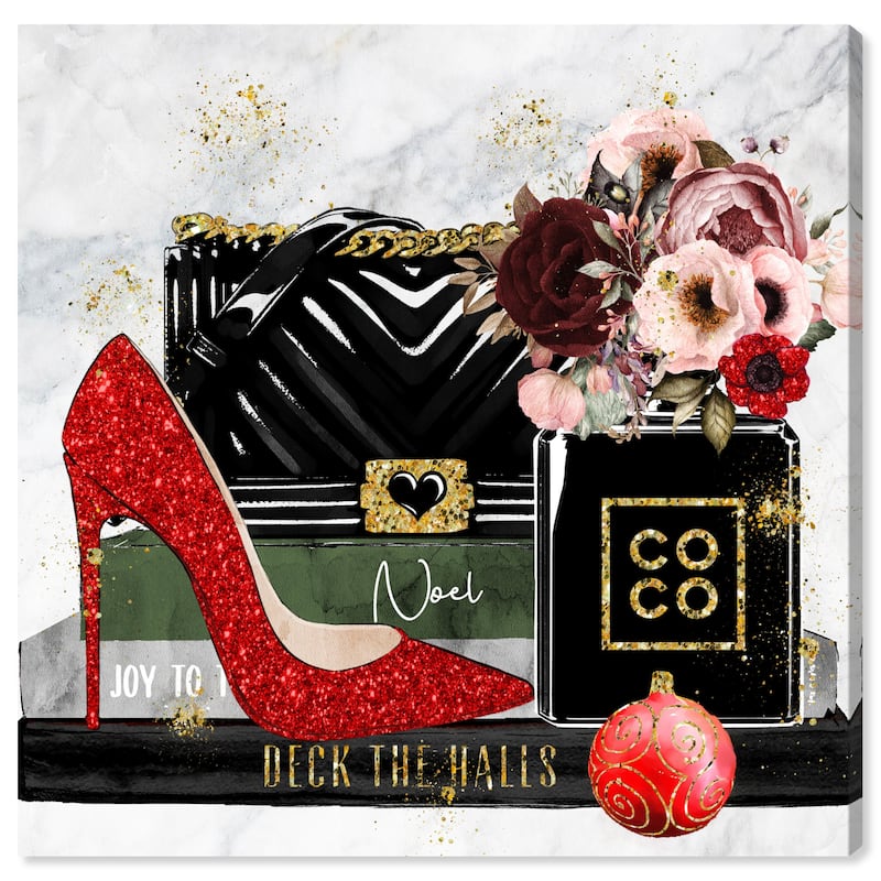 Wynwood Studio Canvas Fashion and Glam Holiday Seasonal Books Red and Metallic red Glam Wall Art Canvas Print
