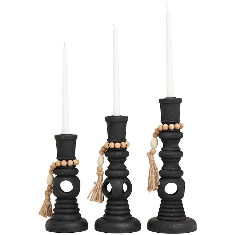 Black Wood Handmade Textured Matte Candle Holder with Beaded Garland Accent (Set of 3)