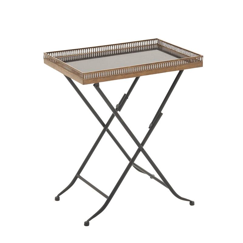 Metal Accent Table with Black Marble Tray Top and Metal Folding Legs - Brass - Roche River Decor