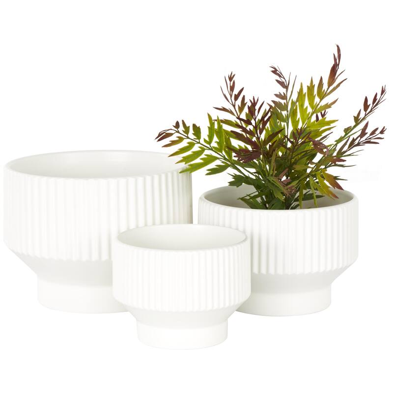 Ceramic Wide Indoor Outdoor Planter with Linear Grooves and Tapered Bases - Set of 3 Green, White, Cream - Roche River Decor