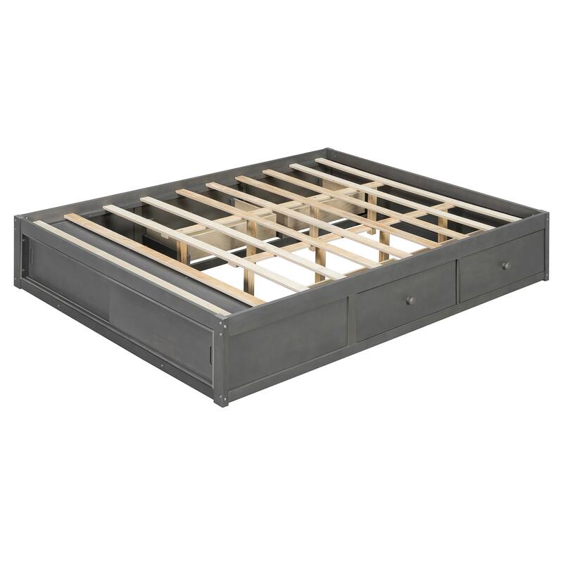 Queen Size Platform Bed Open Frame with Footboard Storage and 4 Drawers