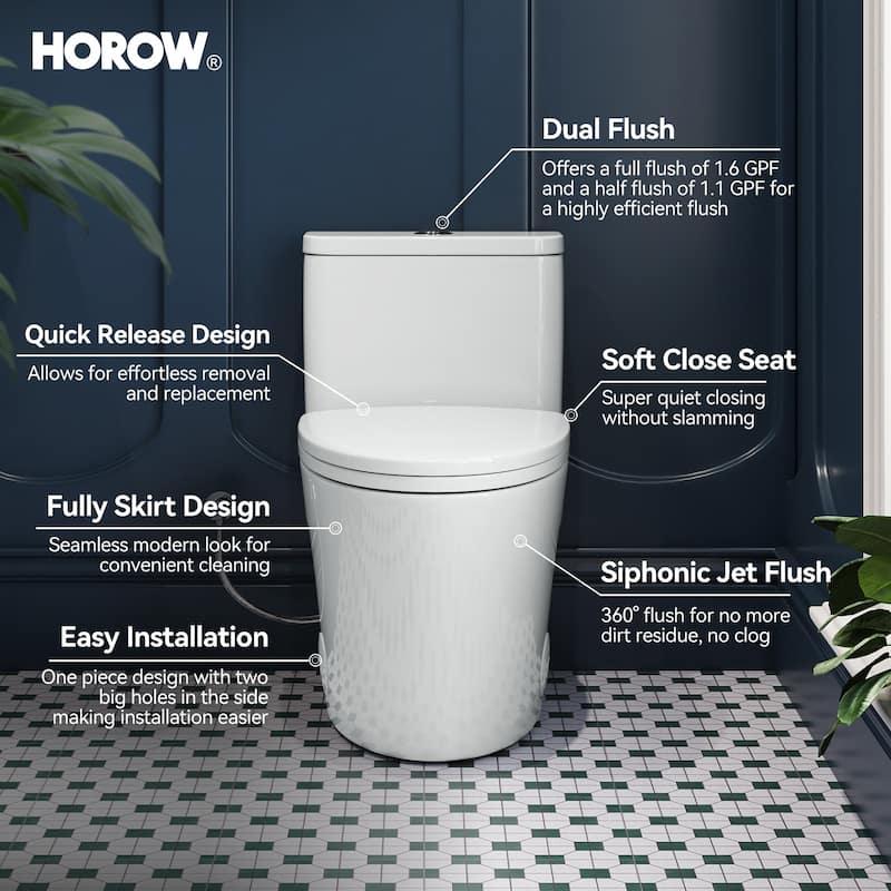 HOROW One-Piece 12 in. Rough In 1.1/1.6 GPF Dual Flush Elongated Toilet in White with Skirted Trap Way Seat Included