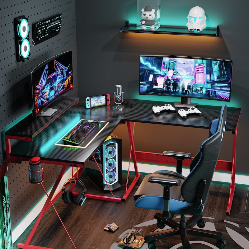 L-Shaped LED Gaming Desk Corner Computer Desk with Monitor Stand
