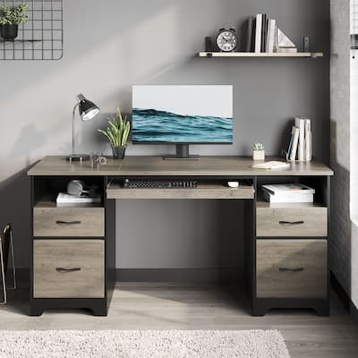 59'' Executive Desk with 2 File and Storage Drawers, Computer Desk with Keyboard Tray and 2 Open Compartments