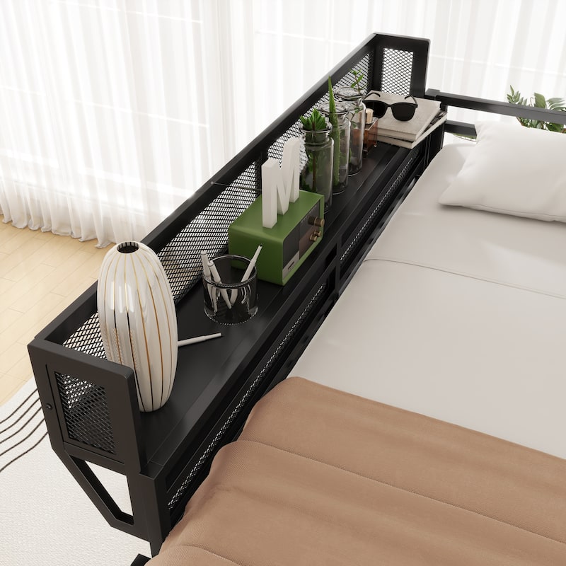 Full Size Loft Bed with Ladder, Metal Full Loft Bed with Storage Shelves, High Loft Bed for Kids Teens