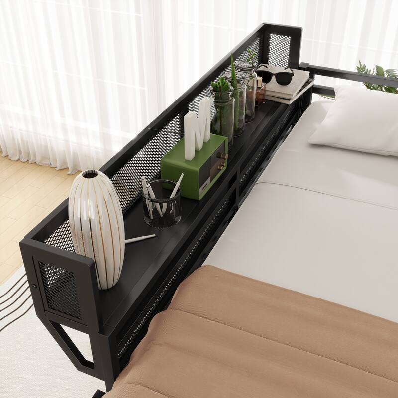 Heavy Duty Metal Loft Bed Frame with Guardrails and Storage Shelves