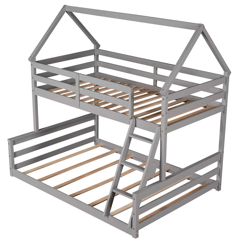 Twin Over Full House-Themed Bunk Bed with Ladder, Convertible into Two Beds