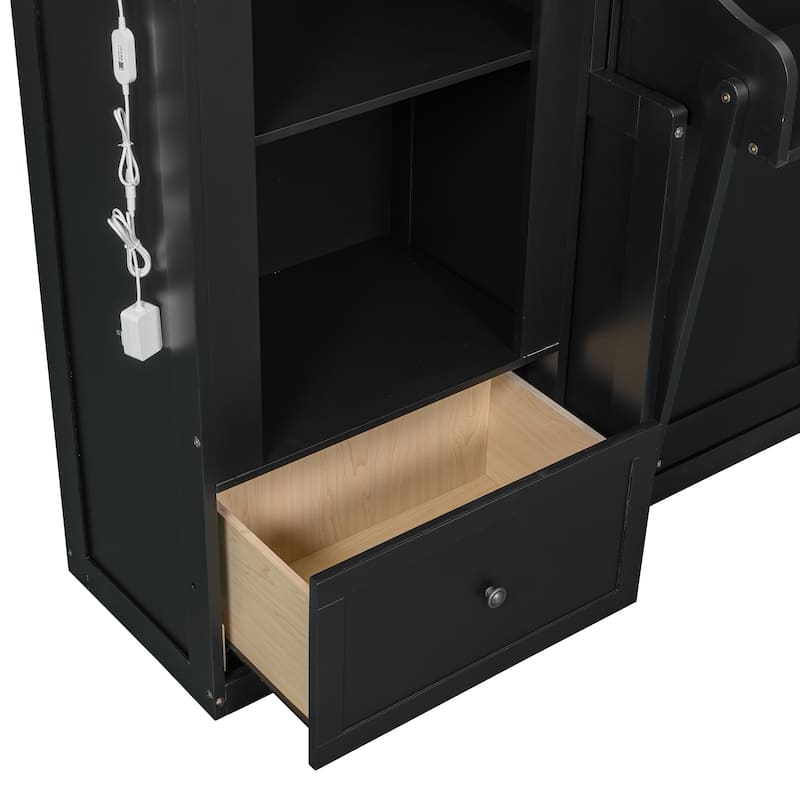 Murphy Bed Queen Size Bookcase Bed Platform Bed with Side Cabinets and 2 Drawers, Elegant French Folding Bed LED Wall Bed