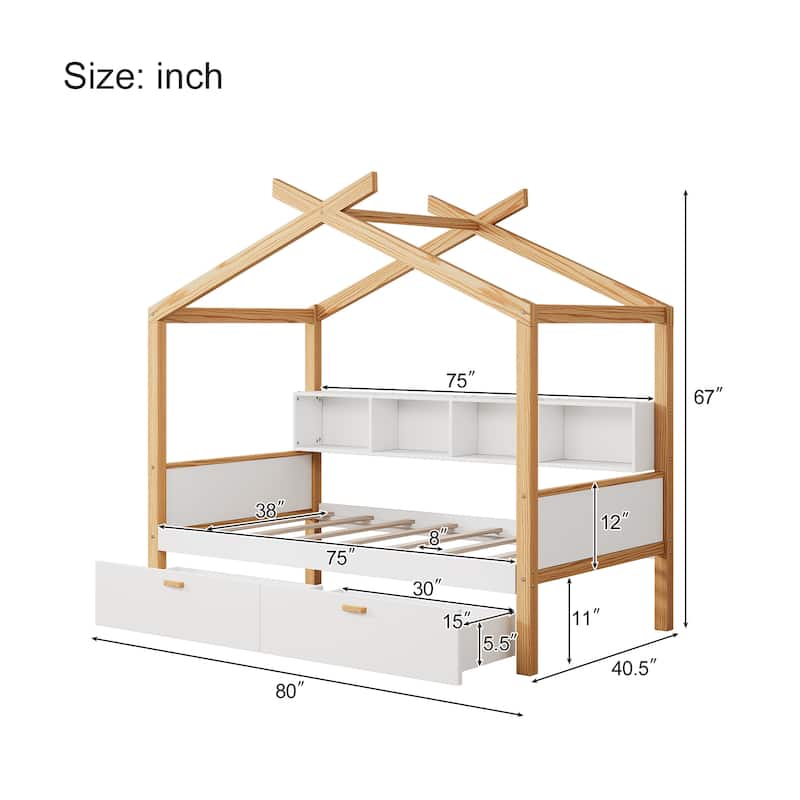 Wooden House Bed with Dual Storage Drawers & Built-in Bookshelf by Harper&Bright Designs