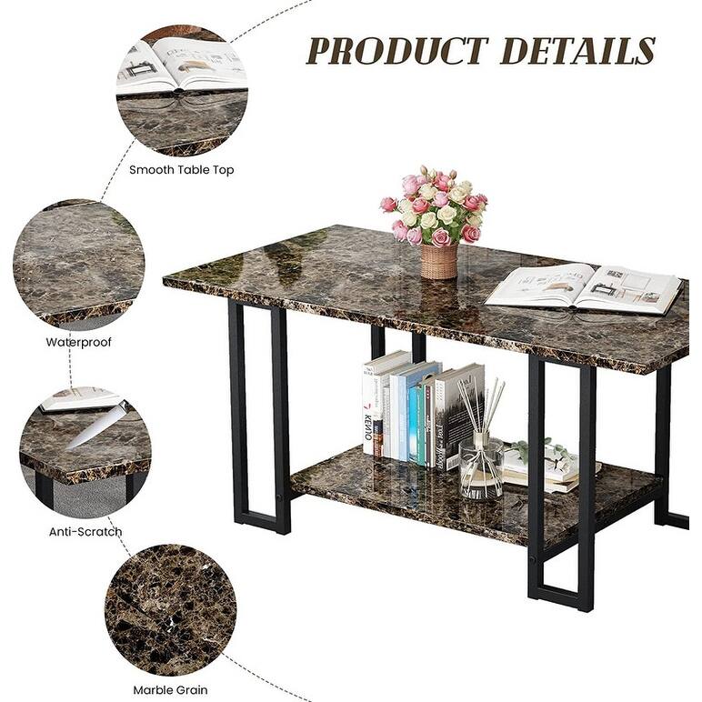 3 Pieces Faux Marble Coffee Table Set with 1 Coffee Table and 2 End Tables, Modern Sofa Side Table with Shelf, Cocktail Table