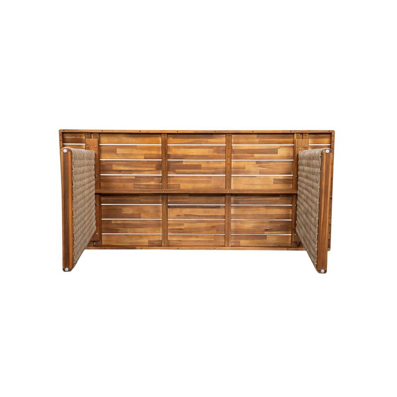 Outdoor Dining Table Acacia Wood Slatted Top with Woven Rattan Base