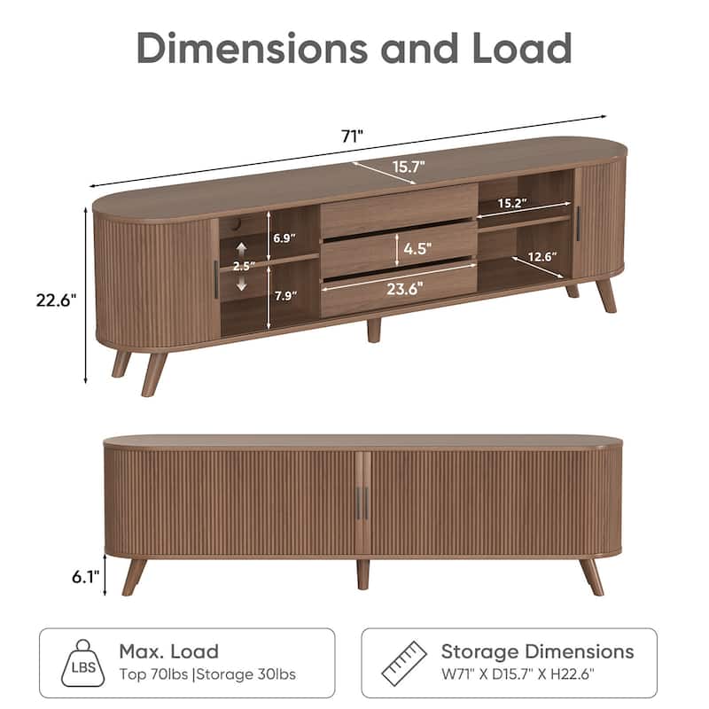 71" Mid Century Modern Entertainment Center w/Curved Edge for TV