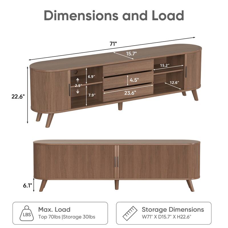 71" TV Stand for Living Room Mid Century Modern Entertainment Center