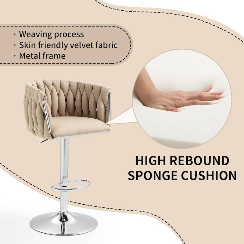 360° Swivel Fabric Cover Bar Stools Set of 2, Adjustable Height Bar Accent Chairs with Woven Back and Silver Chromed Base