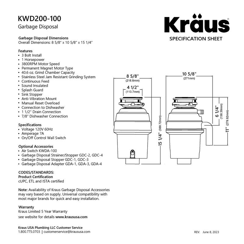 KRAUS WasteGuard Continuous Feed Garbage Disposal for Kitchen Sinks