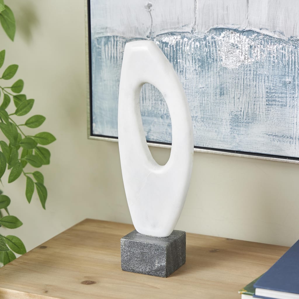 White Marble Angled Cutout Abstract Decorative Sculpture with Black Block Base