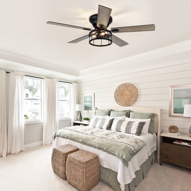 52 Inch Black Flush Mount Ceiling Fan with Lights Remote Control