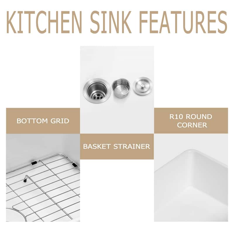 Kichae 30 Inch Ceramic Sink Farmhouse White Apron Front Kitchen Sink - 30 in.W x 20 in.D x 10 in.H