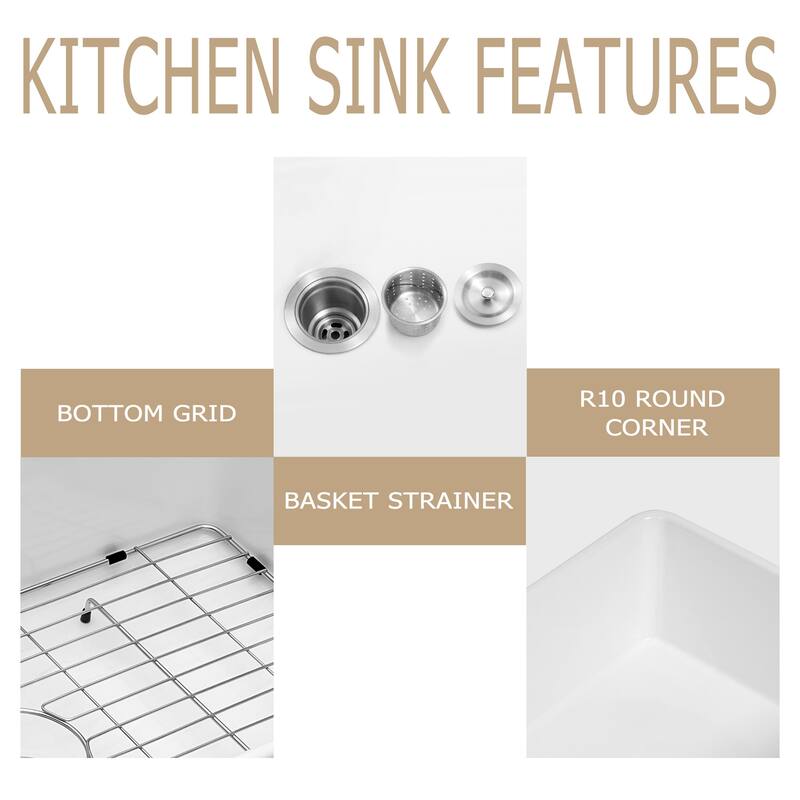 Kichae 30 Inch Ceramic Sink Undermount Farmhouse White Apron Front Kitchen Sink - 30 in.W x 18 in.D x 10 in.H