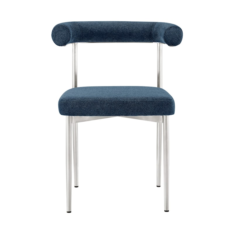 Shany Dining Chair Set of 2, Curved Back Brushed Steel, Blue Polyester