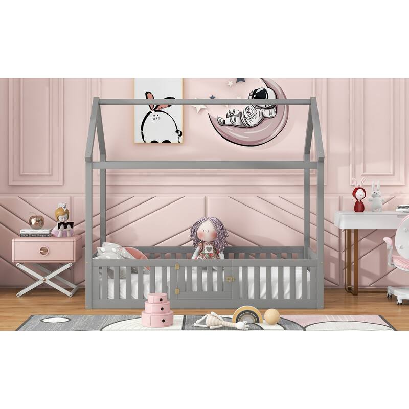 Twin Size Gray Wooden House Bed with Fence and Door for Kids