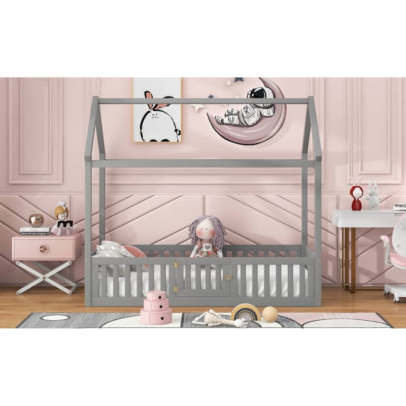Twin Size Wood House Bed with Fence and Door, Wooden Bedframe w/Roof