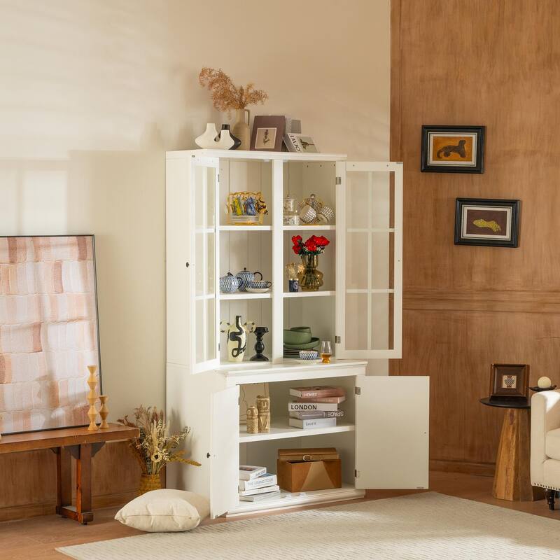 75.25" Traditional Cabinet - Double Glass Door Display Hutch for Dining Room, Living Room - Classic Style Collection Showcase