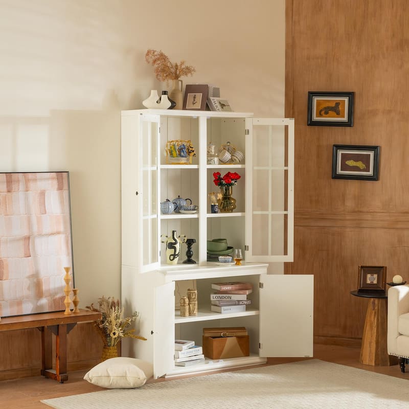 Roomfitters 75.25'' Pantry Cabinet Set with Glass Doors, Farmhouse Display Hutch Wall Storage Cabinet for Kitchen, White