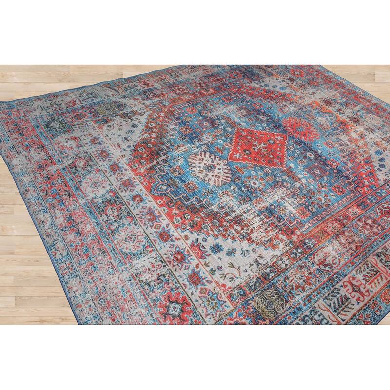 LoomBloom Aqua Traditional Medallion Rug Oriental Polyester Flatweave
