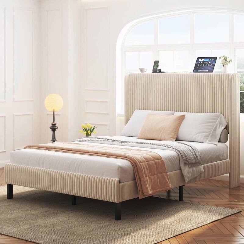 Platform Bed, Metal Bed Frame with Charging Station, No Box Spring Needed