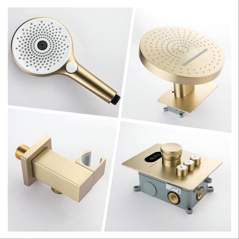 6-Way Wall Mounted 12.6'' Round Showerhead with High-pressure Handheld Showerhead in Black/Gold