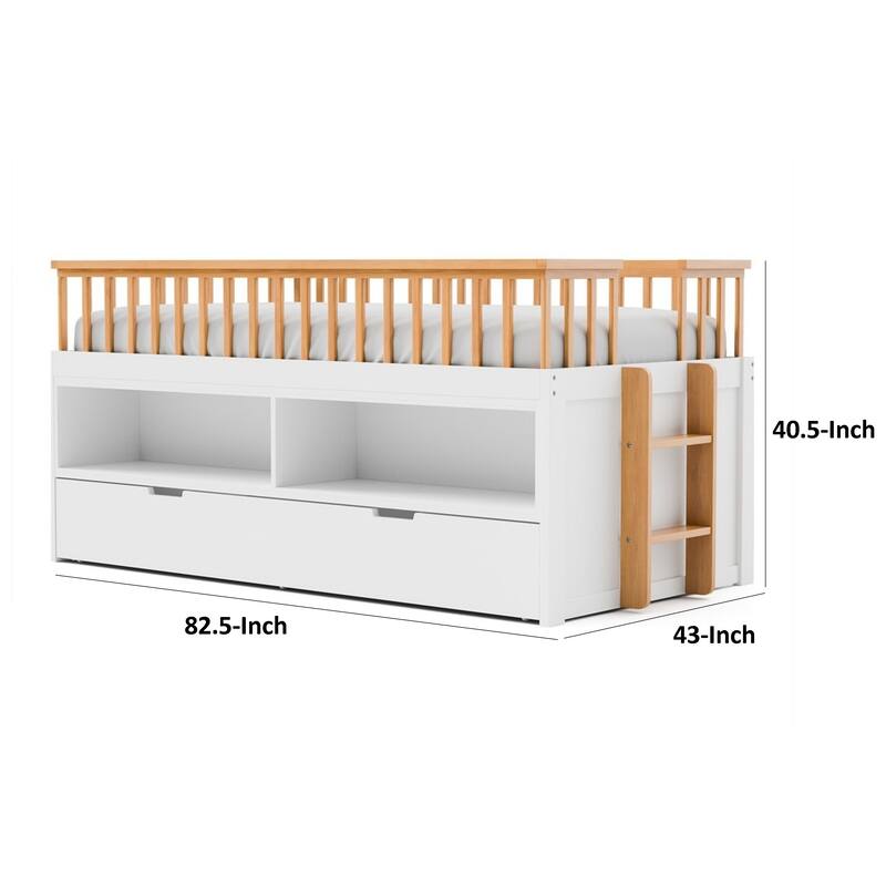 Lexo Twin Bookcase Bunk Bed w Trundle and Ladder, White & Natural Oak