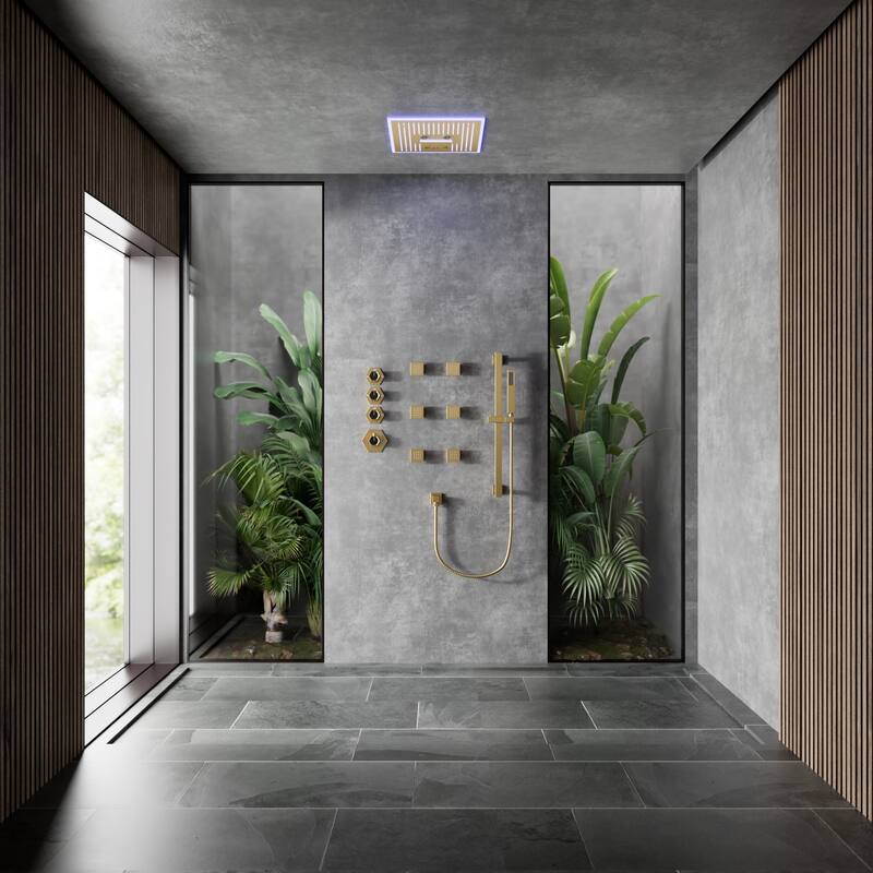 Shower Faucet System 16" Ceiling Mount Shower Head 3 Spray Modes Body Jets Handheld Spray with Slide Bar LED Music