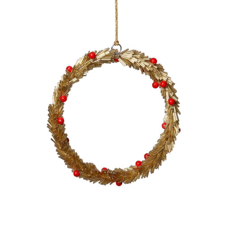 Festive Beaded Christmas Round Hanging Ornaments with Red Berries, Set of 12, 6" - Gold