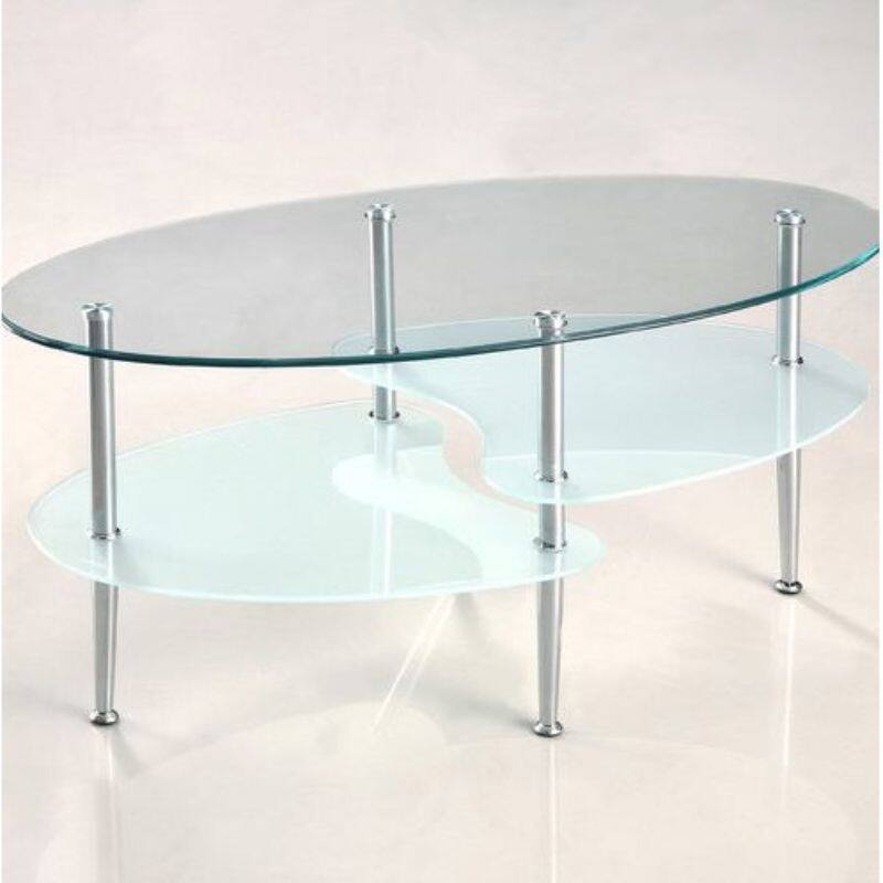 Modern Oval Glass Coffee Table with Chrome Metal Legs - 17" H x 37" W x 19" D