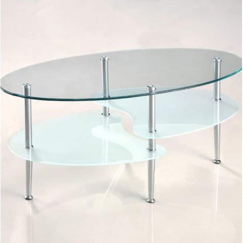 Modern Oval Coffee Table with Beveled Tempered Glass Top and Frosted Lower Shelves Chrome Legs - 17" H x 37" W x 19" D