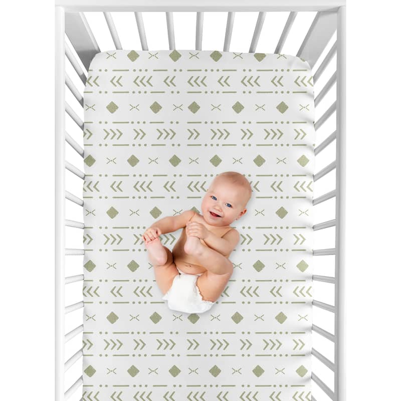 White Sage Boho Tribal Mudcloth Boy Girl Fitted Crib Sheet - Green Woodland Bohemian Southwest Geometric Arrow Gender Neutral