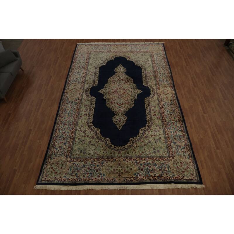Hand Knotted Oriental 100% Wool Carpet Traditional Floral Navy Blue & Blues Kerman Area Rug - 16' 10'' X 10' 2''