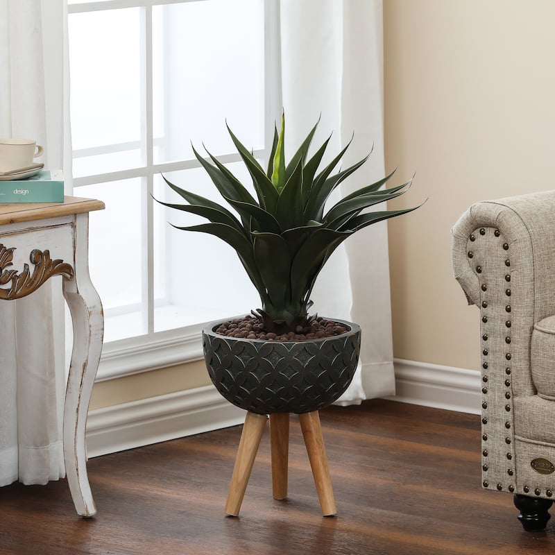 Butterfly Embossed Black 12.25-Inch Round MgO Planter with Brown Wood Legs - Planter + Legs: 14.25" H x 12.25" Diameter