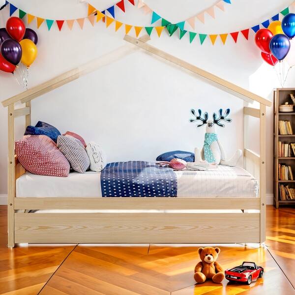 slide 2 of 51, Full Size Wooden House Bed Platform Bed with Twin Size Trundle and Solid Construction For Home Natural