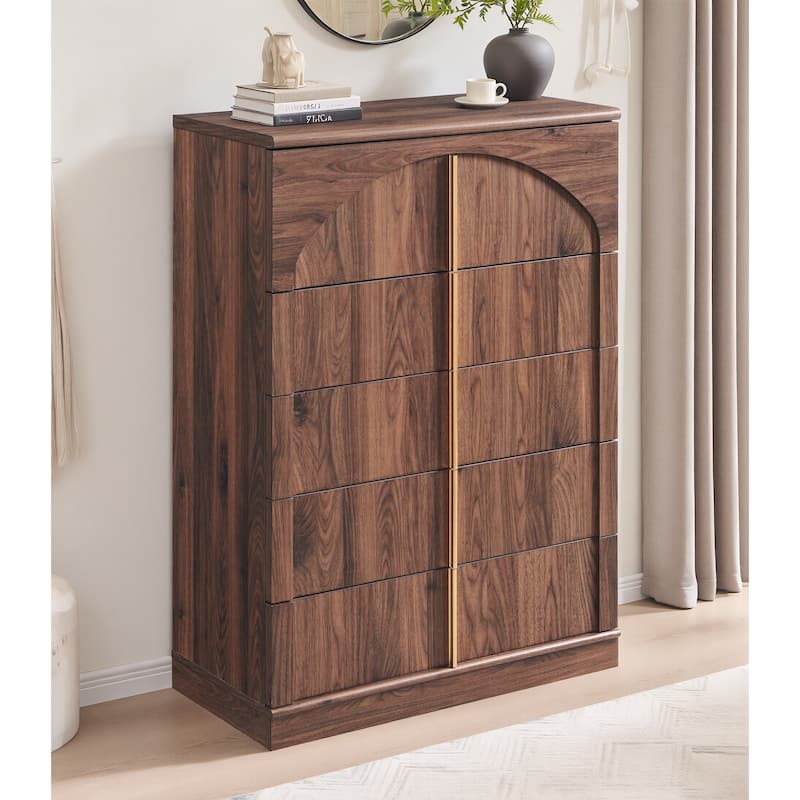 44" Tall Modern 5 Drawers Dresser with Arched Panel, Chest of Drawers - Brown