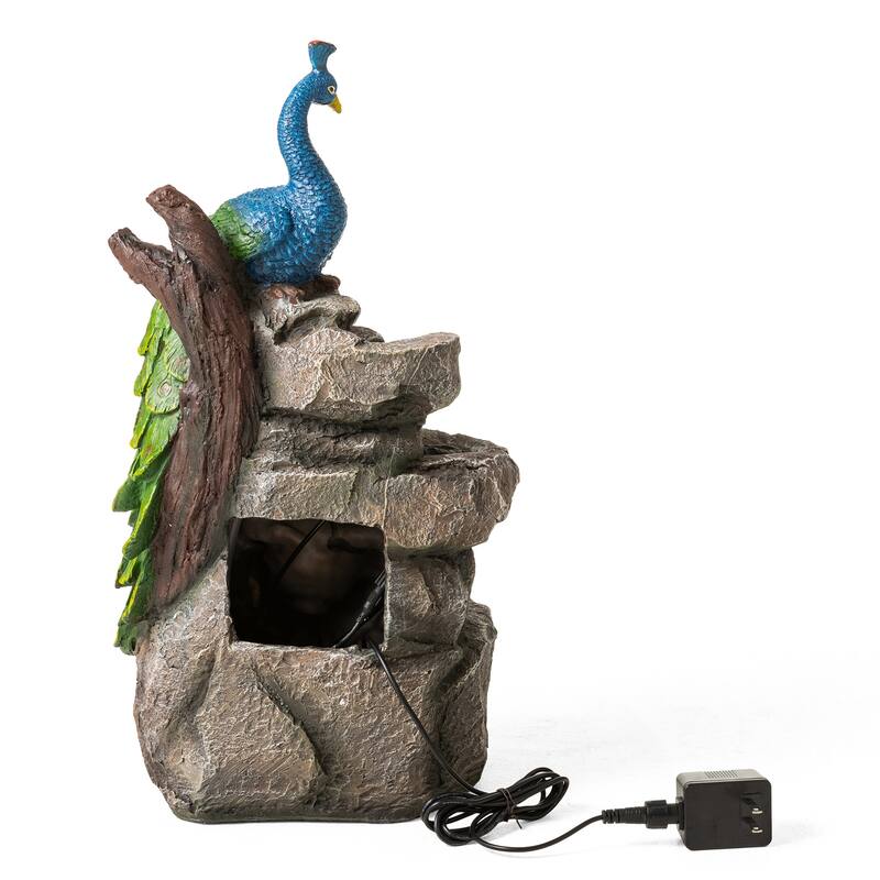 Glitzhome 20.5"H 4-Tierd Lighted Peacock Stacked Stones Polyresin Outdoor Floor Fountain