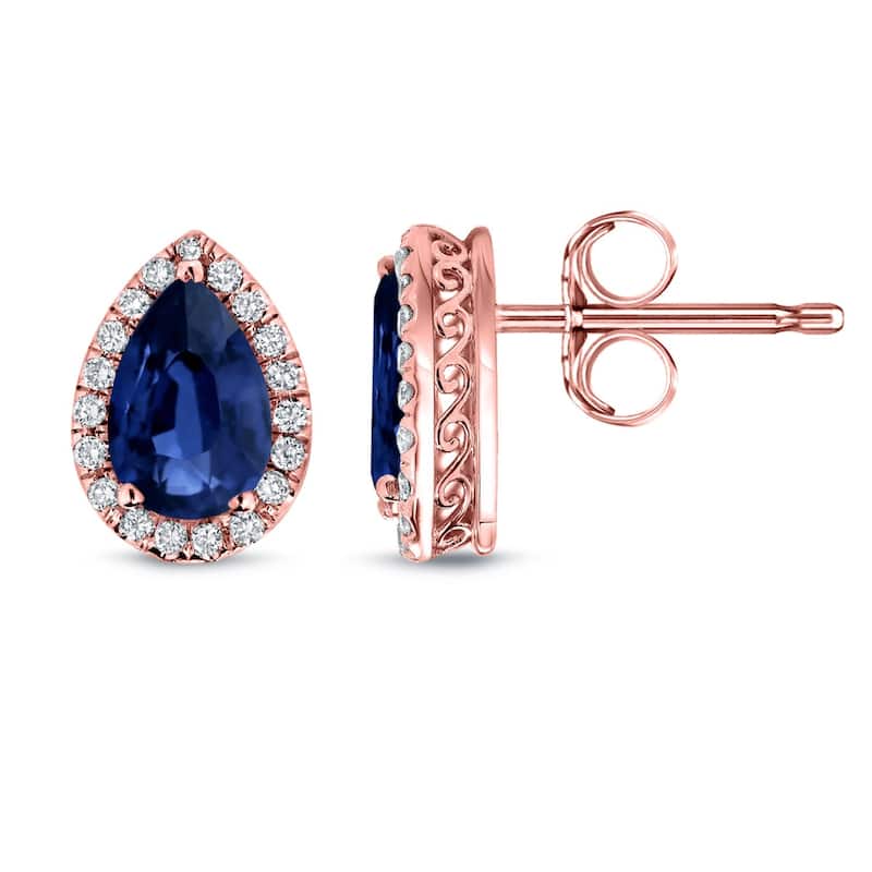 Auriya 14k Gold 2ct Pear-cut Blue Sapphire Halo Diamond Stud Earrings 1/3ct TDW - Rose