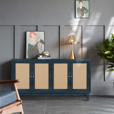 Storage Cabinet with 4 Rattan Doors, Console Table with Adjustable Shelves, Sideboard Cabinet with Wooden Legs