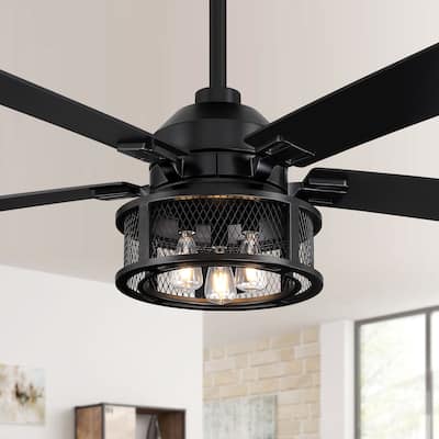 52" Industrial Reversible Wood 5-Blade Black Ceiling Fan with Light and Remote