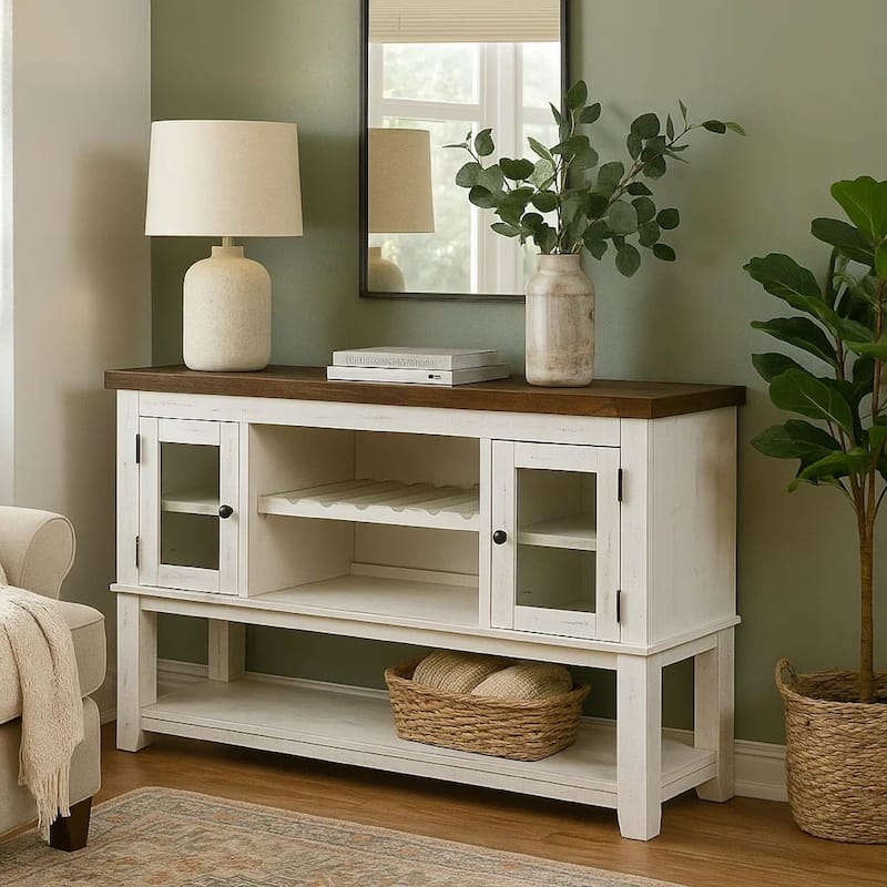 Giva Sideboard Buffet Console 4 Doors, Rattan Patterns, Brown 68 Inch