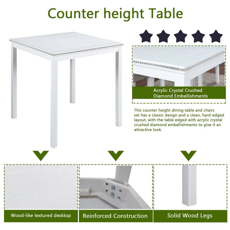 White Counter Height Dining Table with Crystal Decoration, Upholstered Dining Chairs, Wood Table and Chairs Set