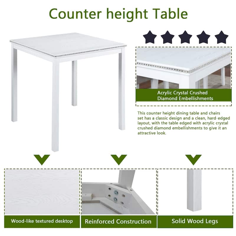Wooden Dining Square Table, Kitchen Table for Small Space, 4 Person Counter Height Table, White
